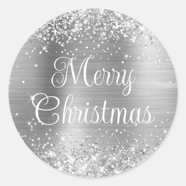 Sticker Rond Glittery Silver Foil Curly Noël (Devant)