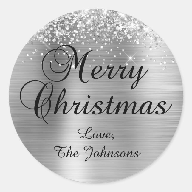 Sticker Rond Glittery Silver Foil Joyeux Noël Famille (Devant)