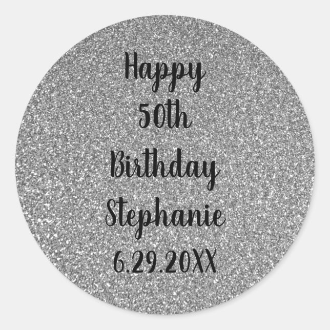 Sticker Rond Glittery Silver Grey Personnalisé Joyeux Anniversa (Devant)