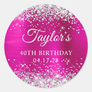 Sticker Rond Glittery Silver Hot Pink Foil 40e anniversaire