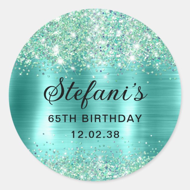 Sticker Rond Glittery Turquoise Foil 65e anniversaire (Devant)