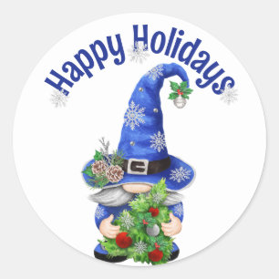 Sticker Rond Gnome de Noël bleu avec arbre