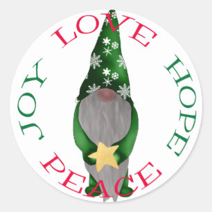 Sticker Rond Gnome de Noël vert mignon avec étoile