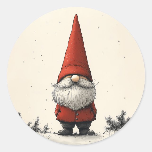 Sticker Rond Gnome d'hiver joyeux en Casquette rouge (Devant)