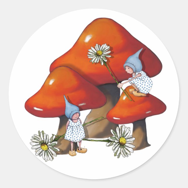 Sticker Rond Gnome Girl sur tabouret, marguerites, Imaginaire A (Devant)