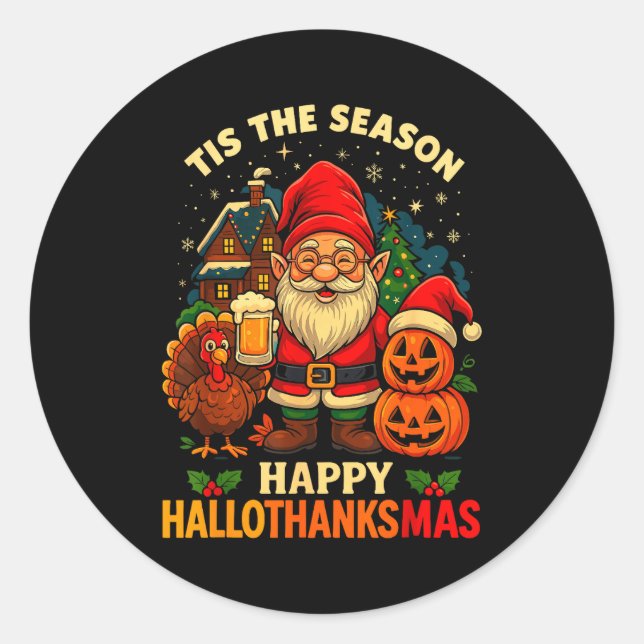Sticker Rond Gnome Happy Hallothanksmas Shirt Halloween Thanksg (Devant)