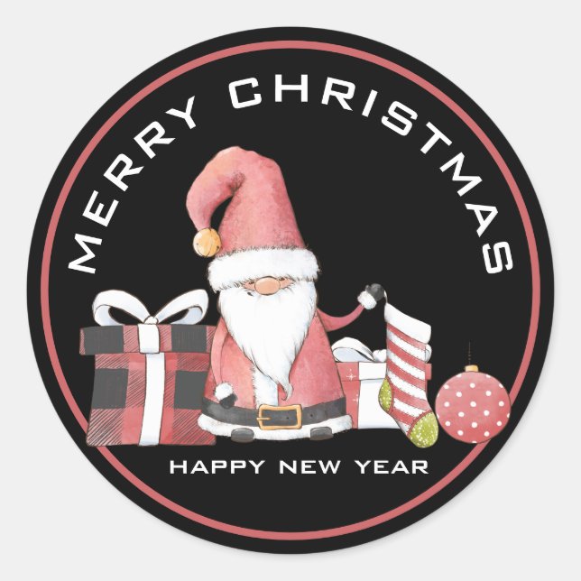 Sticker Rond Gnome Père Noël rouge mignonne avec cadeaux de Noë (Devant)