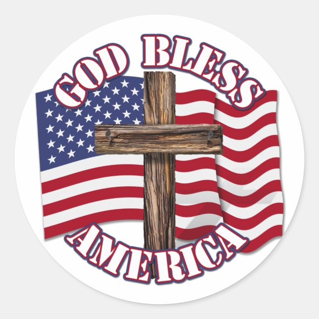 Sticker Rond God Bless American with Usa Flag & Cross (Devant)