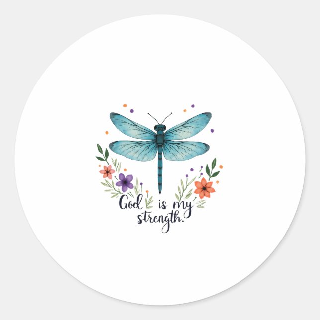 Sticker Rond God is my strength Floral Dragonfly Christian T-Sh (Devant)