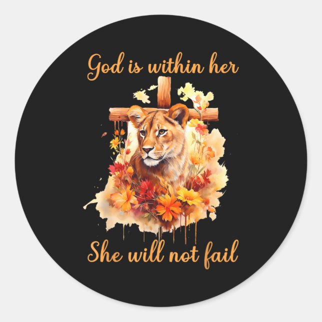Sticker Rond God Is Within Her She Will Not Fail Lioness Cross  (Devant)