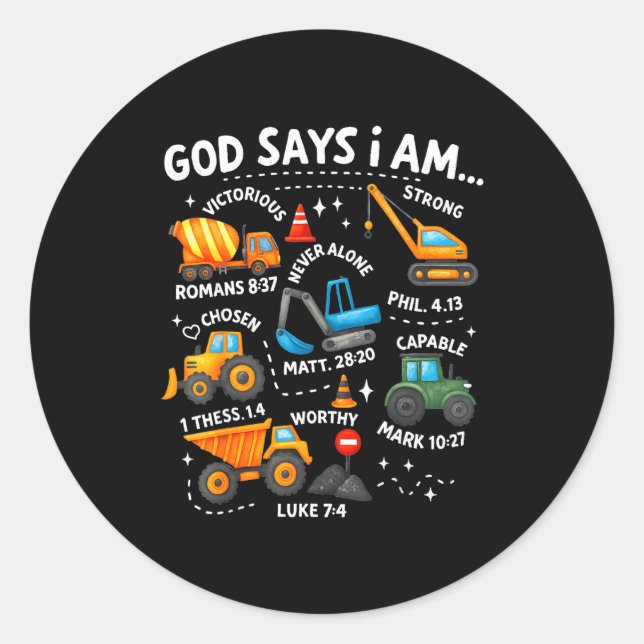 Sticker Rond God Says I Am Christian Bible Verses Boys Construc (Devant)