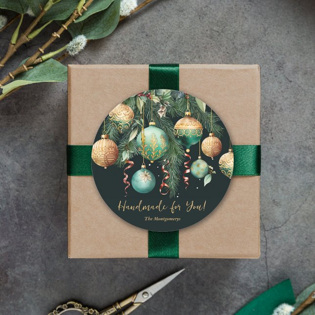 Sticker Rond Gold and Green Christmas Ornaments (Gold and green tree Christmas ornaments Handmade for You round 3" stickers)