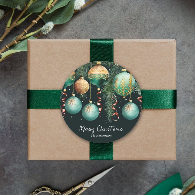 Sticker Rond Gold Baubles Christmas Tree (Gold and green Christmas tree Ornaments 3" round stickers)