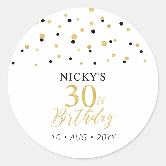 Sticker Rond Gold & Black 30th Birthday Favor Merci (Devant)