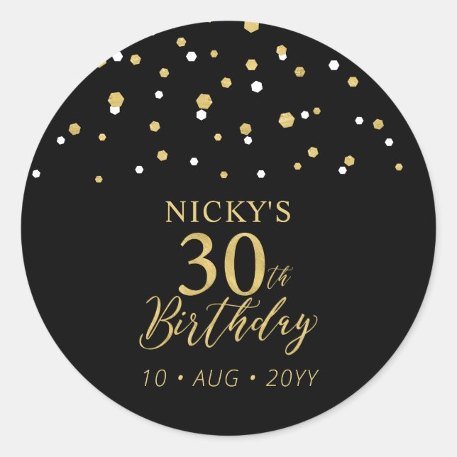 Sticker Rond Gold & Black 30th Birthday Favor Merci (Devant)