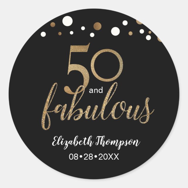 Sticker Rond Gold Black 50 et fabuleuse fête d'anniversaire (Devant)