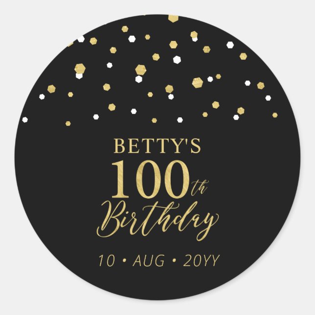 Sticker Rond Gold & Black Confetti 100e fête d'anniversaire Fav (Devant)
