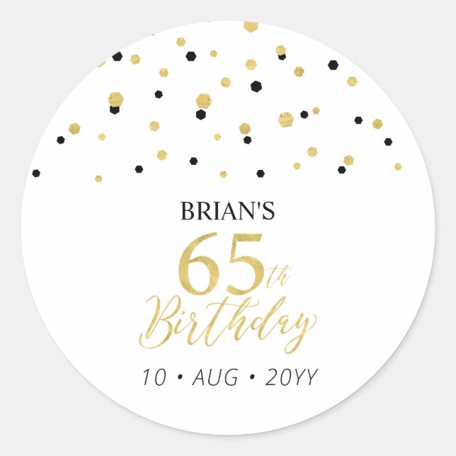 Sticker Rond Gold & Black Confetti 65e fête d'anniversaire Favo (Devant)