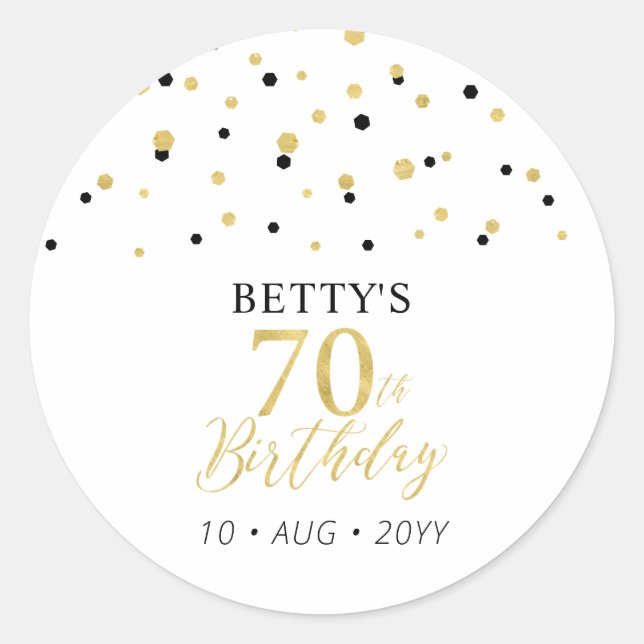 Sticker Rond Gold & Black Confetti 70e fête d'anniversaire Favo (Devant)
