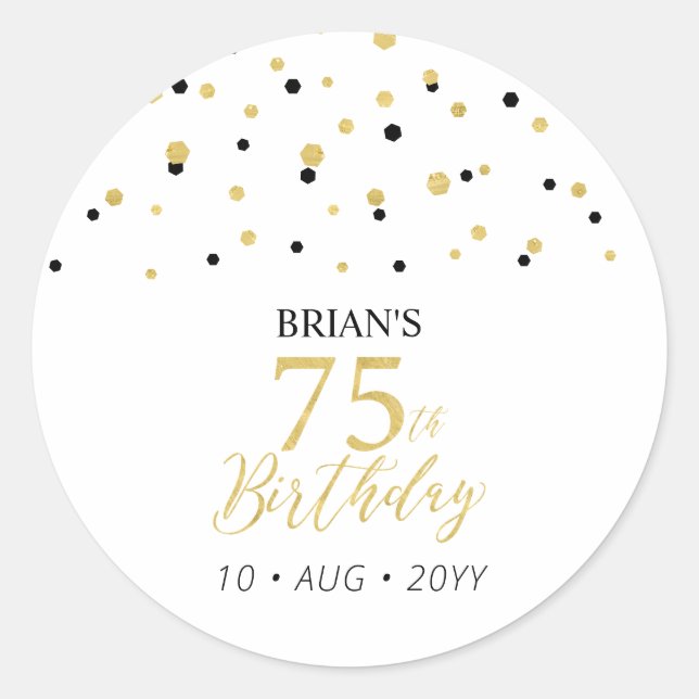 Sticker Rond Gold & Black Confetti 75e fête d'anniversaire Favo (Devant)