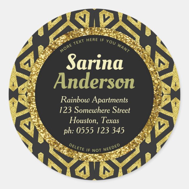 Sticker Rond Gold Black Sparkle Bold Motif Adresse de retour (Devant)