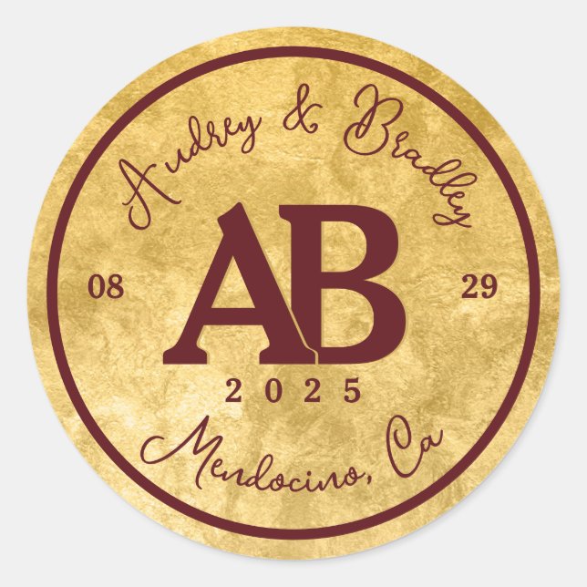 Sticker Rond Gold Bourgogne 2 lettres Monogramme Mariage (Devant)