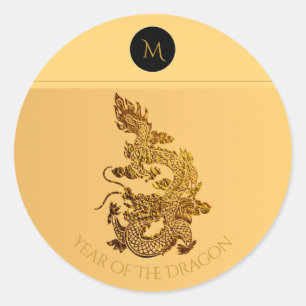 Sticker Rond Gold Chinese Dragon Papercut Monogramme Anniversai