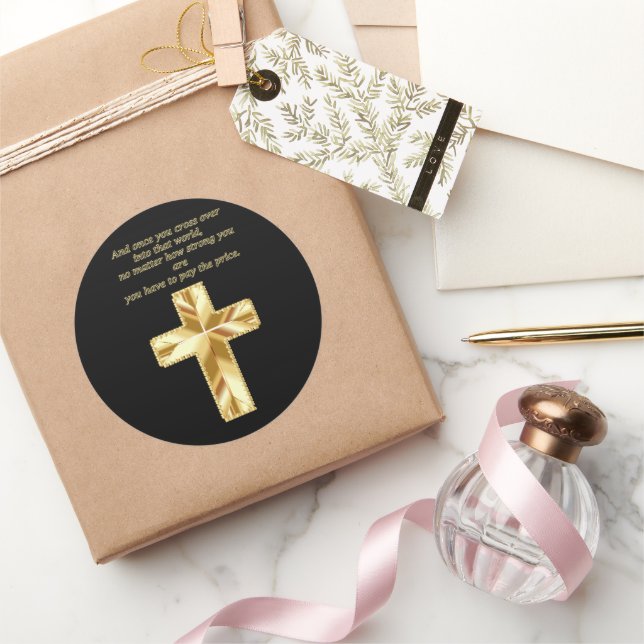 Sticker Rond Gold Christian Crucifix Cross avec un dicton drôle (Cadeaux)