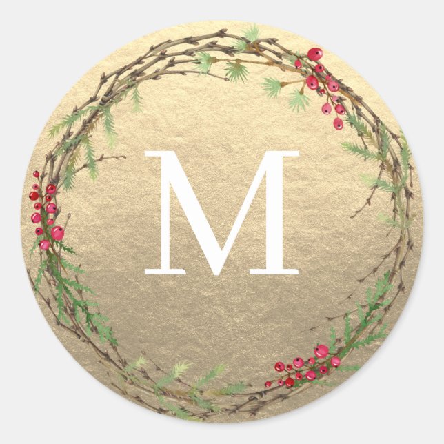 Sticker Rond Gold Christmas Wreath Monogram Seal (Devant)