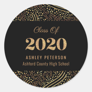 Sticker Rond Gold Confetti Classe de 2020 Black Graduation Part