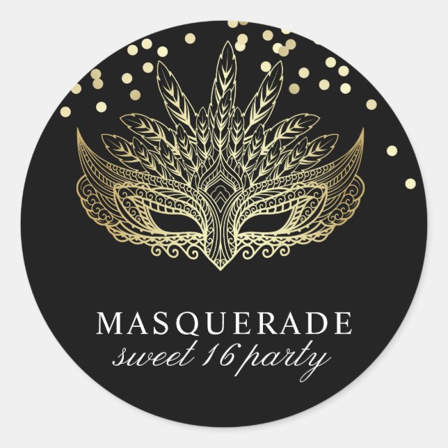Sticker Rond Gold Confetti Masquerade Sweet 16 Party (Devant)