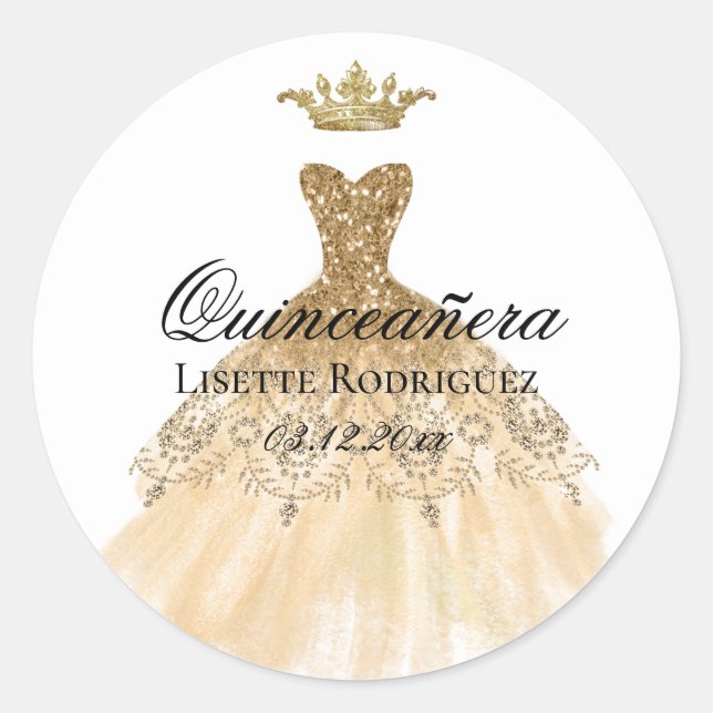 Sticker Rond Gold Couronne Princesse Robe Quinceanera (Devant)
