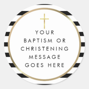 Sticker Rond Gold Cross Chic Stripe Baptême Message de Christen