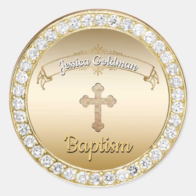 Sticker Rond Gold Cross Diamonds Baptême Christening (Devant)