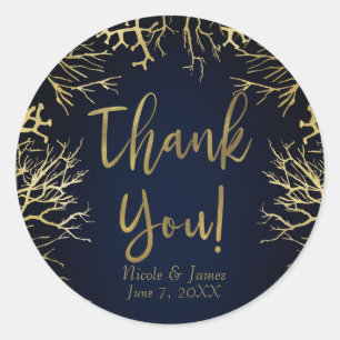 Sticker Rond Gold & Dark Navy Blue Elegant Coral Mariage