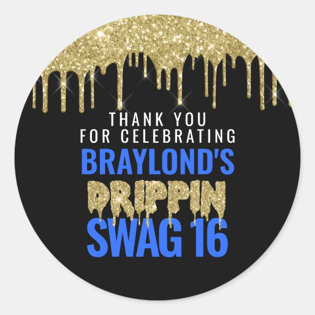Sticker Rond Gold et Blue Drippin Swag 16 Anniversaire (Devant)