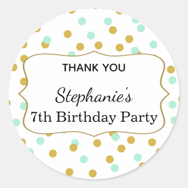 Sticker Rond Gold et Mint Green Confetti fête d'anniversaire (Devant)
