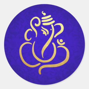 Sticker Rond Gold Festive Ganesh   Indian God Damask Blue