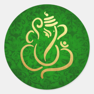 Sticker Rond Gold Festive Ganesh   Indian God Damask Green