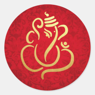 Sticker Rond Gold Festive Ganesh Indian God Damask Red