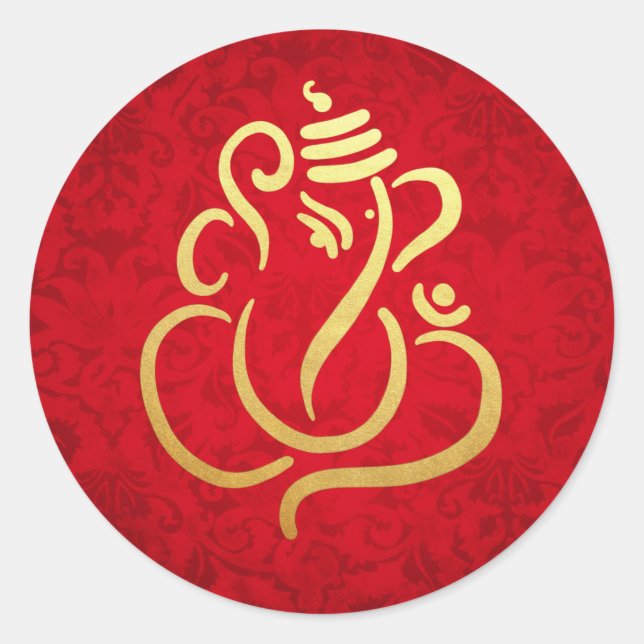 Sticker Rond Gold Festive Ganesh | Indian God Damask Red (Devant)
