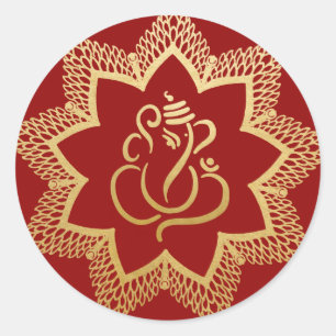 Sticker Rond Gold Festive Ganesh   Indian God Red Classic Round