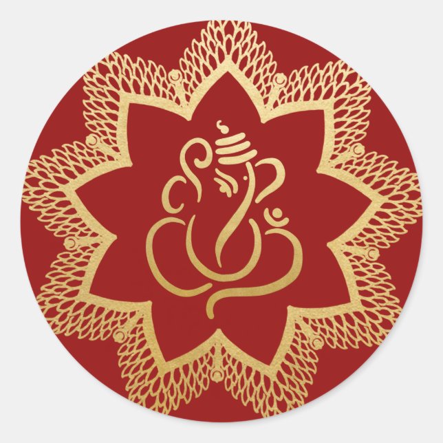 Sticker Rond Gold Festive Ganesh | Indian God Red Classic Round (Devant)