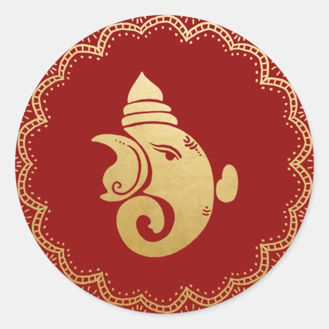 Sticker Rond Gold Festive Ganesh | Indian God Red Elegant (Devant)