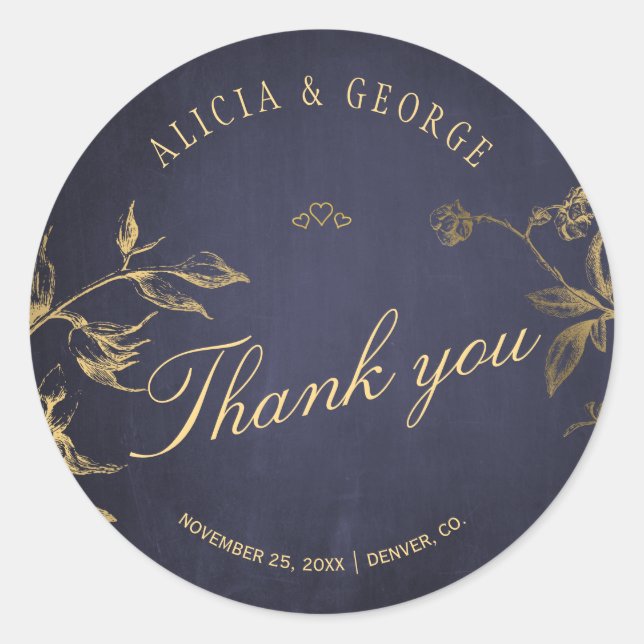 Sticker Rond Gold feuillage élégant marine merci mariage (Devant)