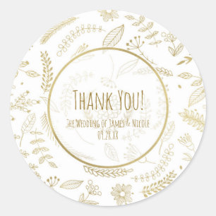 Sticker Rond Gold Floral Feuille Rustique Elégant Mariage Faveu