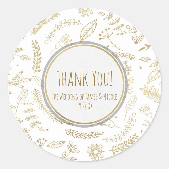 Sticker Rond Gold Floral Feuille Rustique Elégant Mariage Faveu (Devant)