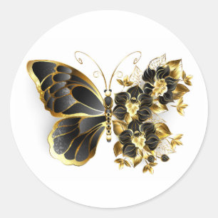 Sticker Rond Gold flower Butterfly with Black Orchid