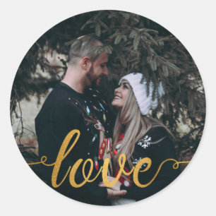 Sticker Rond Gold Foil Calligraphique Script Love Photo personn
