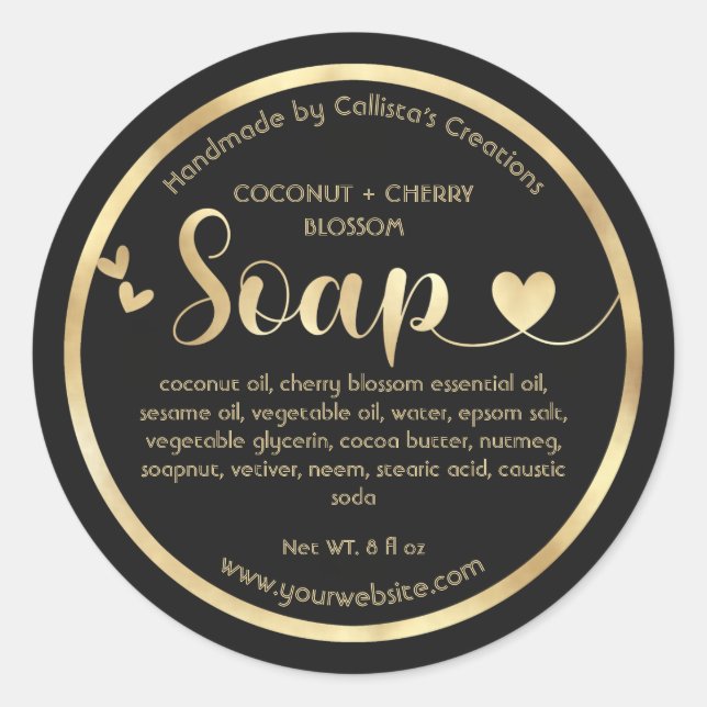 Sticker Rond Gold Foil Coeurs noirs Bordure Soap artisanal (Devant)